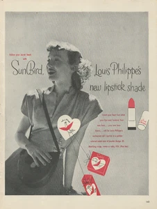 1946 Louis Philippe's SunBird neuer Lippenstiftschirm hübsche Dame Vintage Druck Werbung - Bild 1 von 1