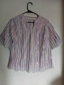 Soft Surroundings Ciel Metallic Stripe Scalloped Eyelet Embroidered Top Size M - Picture 1 of 13