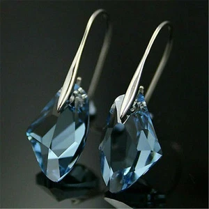 Women Gift Fashion Blue Crystal Charm Silver Drop Dangle Earrings Hook Wedding - Picture 1 of 8