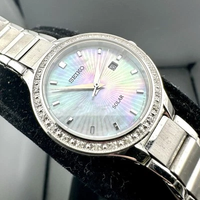 Seiko Solar Women White Mother of Pearl Dial 10ATM Silver Tone 28mm Watch, Sz 6” - Image 1 of 4
