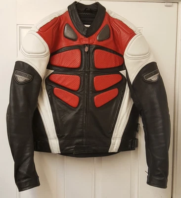 First gear leather armored motorcycle jacket coat red white black sz 44 - Image 1 of 4