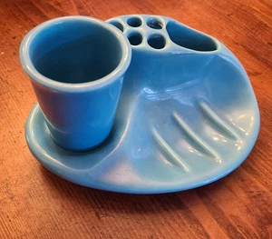 Blaue Seifenschale Zahnbürste Becher Halter Vintage Retro Mid Century Keramik - Bild 1 von 4