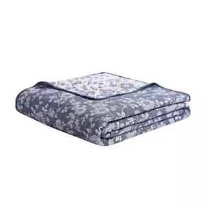 CEDAR COURT Quilt Set 90" x 90" Full/Queen Size Cotton Blend Floral Navy Blue - Picture 1 of 6