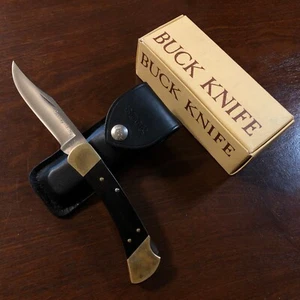 Vintage 1980 Buck USA 110 Folding Hunter Pocket Knife, Sheath & Box 3 DOT V6V1 - Picture 1 of 21