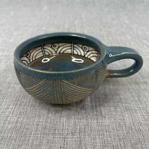 Vintage Art Pottery - 4" Bowl with geometric shapes - handle - signed Campbell - Picture 1 of 12