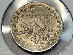 1920 France 50 Centimes (0.835) Silver 2.5Grams Coin Third Republic Latin Script - Picture 1 of 7