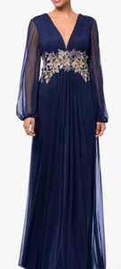 Betsy and Adam "REBECCA" LONG SLEEVE MESH FLOOR LENGTH GOWN Gold/Navy size 4 - Picture 1 of 8