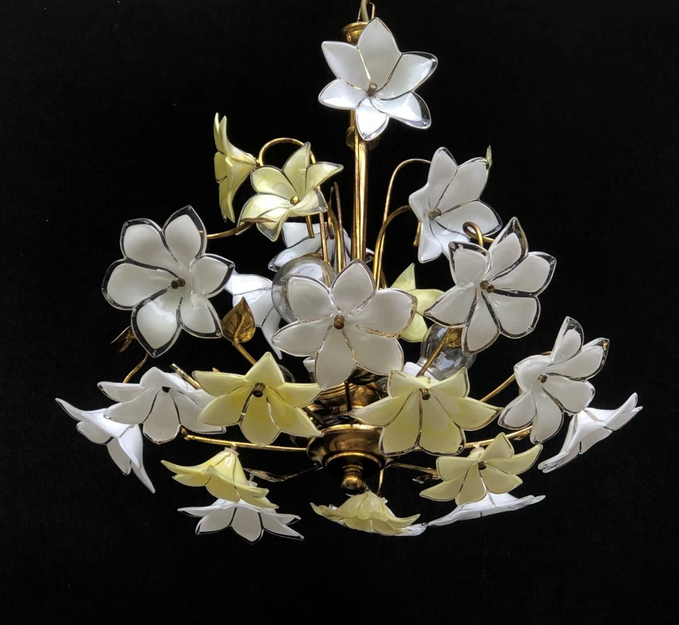 Vintage Murano chandelier Milk and Yellow glass Floral height: 28 inc w: 16 inc - Image 1 of 4