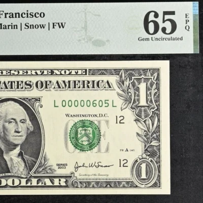 2003A $1 Federal Reserve Note PMG 65EPQ wanted low serial number birthday 605 - Image 1 of 3