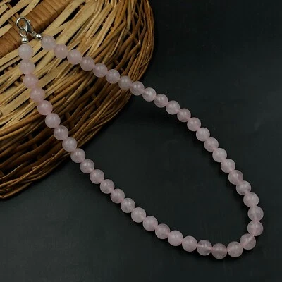 Elegante collar de piedras preciosas de cuarzo rosa de 8 mm con cuentas redondas elásticas 15,5" Foto 1 de 4
