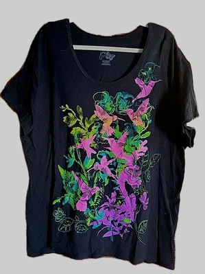 JMS Just My Size 4X Top TEE  S/Slv BLACK Round neck Glitter COTTON Hummingbird - Image 1 of 4