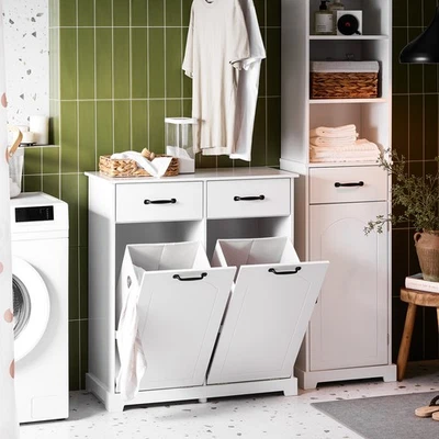 SoBuy Wäscheschrank Badezimmerschrank mit 2 Wäschekörben & Schubladen BZR208-W - Bild 1 von 4