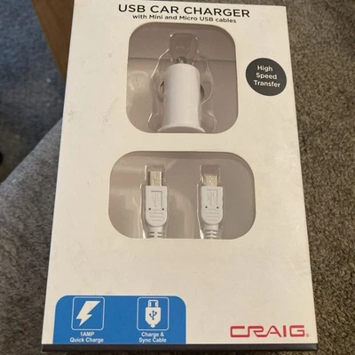 Craig USB Car Charger Mini & Micro Cables White - Image 1 of 2