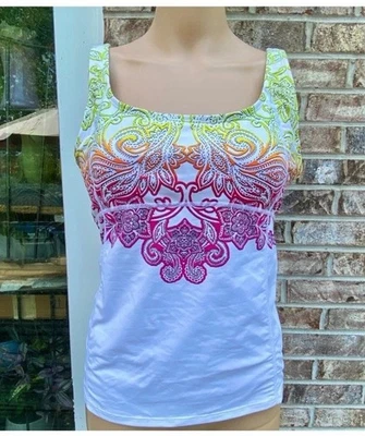 Sujetador deportivo deportivo Athleta incorporado camiseta sin mangas blanca con estampado multicolor talla LT Foto 1 de 4