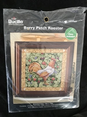 Bucilla Berry Patch Rooster Cross Stitch Kit WM45627  12x12 New Farm Cottage - Image 1 of 2