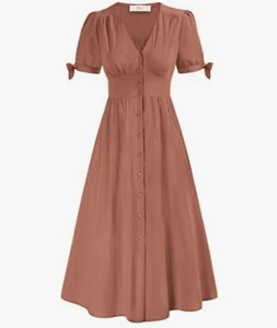 Zexxy Button Front Linen Cotton Midi Dress Rust Pink Boho Cottagecore Fall Sz XL - Picture 1 of 11