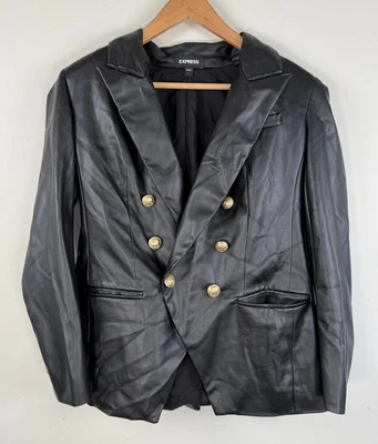 Chaqueta Blazer Express Para Mujer Negra Imitación Cuero Botones Dorados Talla Pequeña Foto 1 de 4