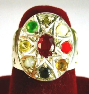 Hermoso anillo de plata de ley 925, 9 piedras preciosas/planeta, talla N - Imagen 1 de 4