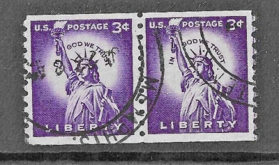 USA 1954 Well Joined Pair - 3 cents LIBERTY Coil Stamps SG 1033 - Fine Used - Image 1 of 2