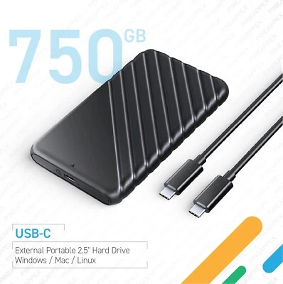 750GB External Portable 2.5" Hard Drive HDD, Ultra-Fast USB-C, 1Y Warranty - Image 1 of 2