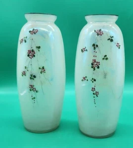 Vintage White frosted glass vases hand painted blossoms rainbow tone 8.5" tall - Picture 1 of 5