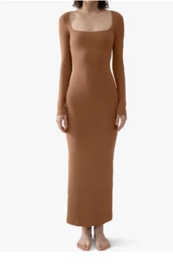 NWT~ PUMIEY Size S Carmel Long Sleeve Square Neck Ribbed Maxi Lounge Dress - Picture 1 of 9