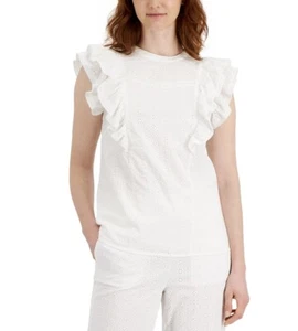 Charter Club Women's Solid Flutter-Sleeve Eyelet Top Bright White Size S - Picture 1 of 3