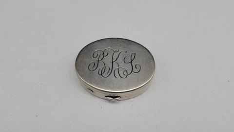 Antique Sterling Silver Pill Box Monogrammed, 16 grams Cover