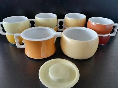 Juego de 4 tazas vintage Block Chromatics Arzberg, crema naranja y azúcar amarillo con tapa Foto 1 de 4