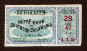 6. Dezember 1930 USC vs. Notre Dame KNUTE ROCKNE LETZTES SPIEL Ticket - Bild 1 von 2