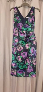 SHUBETTE DRESS NAVY BLUE FLORAL SATIN WIGGLE PENCIL PERFECT CONDITION SIZE 8 -10 - Picture 1 of 2