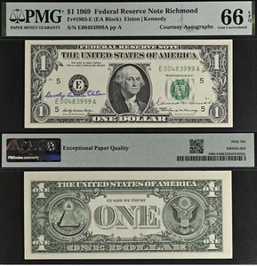 1969 $1 FRN - PMG 66EPQ - Dual Autographs Elston & Kennedy - Rare Collectors Gem - Picture 1 of 3