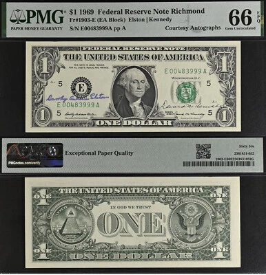 1969 $1 FRN - PMG 66EPQ - Dual Autographs Elston & Kennedy - Rare Collectors Gem - Image 1 of 3