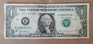 Billete de $1 Reserva Federal Star Note 2017 K06987578☆ Billete de dólar circulado - Imagen 1 de 4
