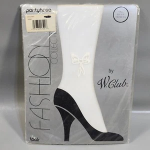 Vintage W Club Pantyhose White Nylon Ankle Bow Fashion Collection Tall - Picture 1 of 8