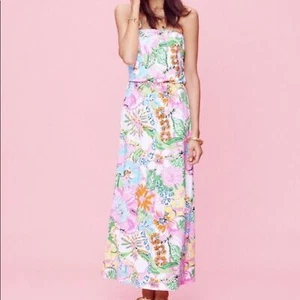 Lilly Pulitzer X Target Dress Womens XS Pink Green Nosey Posey Maxi Strapless - Picture 1 of 13