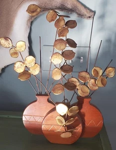 Vintage MCM Skulptur Messing Eukalyptus Blatt Holz Kunst freistehend Dekor 17" - Bild 1 von 7