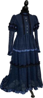 Victorian Choice Renaissance Steampunk Dress Blue  Black Silk Lace SIZE M W13 - Image 1 of 4