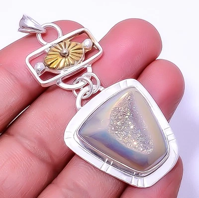 Colgante de dos tonos de plata de ley 925 drusa ágata opalita titanio 2,34" A381 Foto 1 de 4