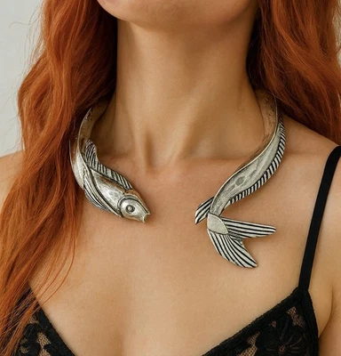 Fish Necklace Zara Silver Mermaid Koi Boho Carp Choker Collar Antique Statement - Image 1 of 4