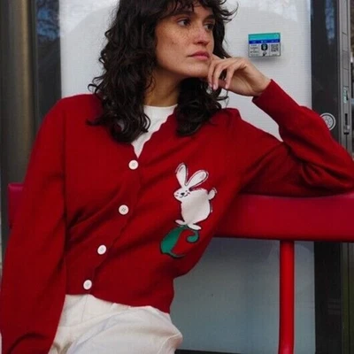 Cárdigan Carven Coquelicot 100 % cachemir talla L rojo funciona pequeño $530 #1C418 Foto 1 de 4