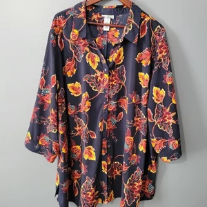 Top túnica boho Catherines talla 3X floral oscuro con botones manga 3/4 para mujer - Imagen 1 de 13