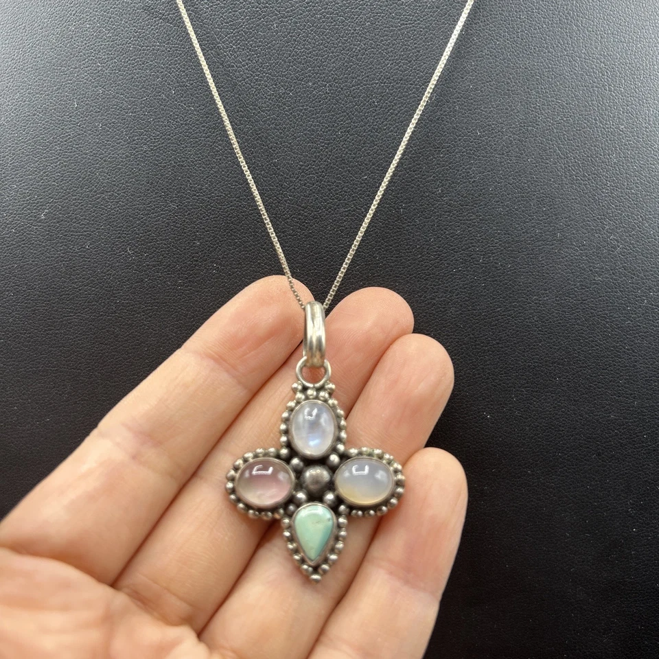 Gemstone Moonstone Turquoise Cross Sterling Silver 925 Pendant Necklace 17.5”L - Image 1 of 4