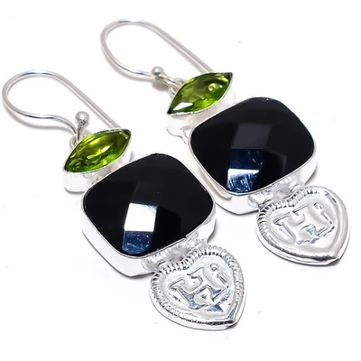 Handgefertigte 925 Sterling Silber Ohrringe aus schwarzem Onyx und Peridot 2,4" - Bild 1 von 4