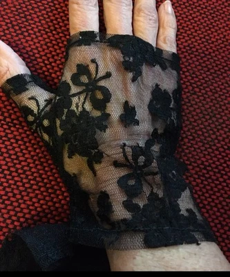 Black Lace Fingerless Gloves Gothic Wrist Covers Handmade in USA Handwarmers - Image 1 of 4