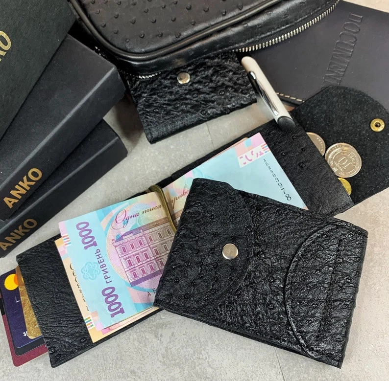 Real Black Ostrich Leather Wallet Card Holder Coin Holder Handmade Money Clip - Image 1 of 4