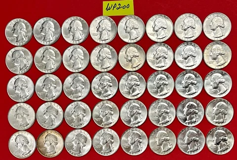 1964 P Washington Quarters Roll 40 BRILLIANT UNCIRCULATED 90% Silver Coins WP200 Cover