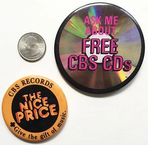ORIGINAL VINTAGE 1980's CBS RECORDS LOT OF 2  PINBACK PIN BACK BUTTON - Picture 1 of 2