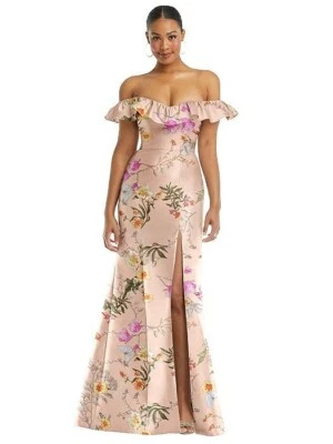 🦋 ALFRED SUNG D836FP Pink Floral Ruffle Off the Shoulder Satin Trumpet Gown 16R - Image 1 of 4