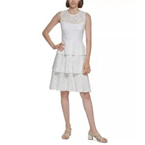 Calvin Klein Tiered Lace Dress, Cream Ivory, 0 Petite, (MSRP $169) - Picture 1 of 4